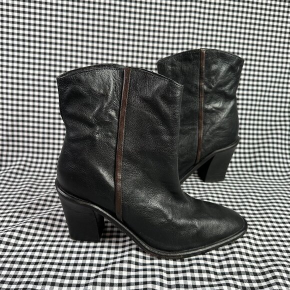 Free People Black Brown Barclay Leather Cowgirl Western Boots Size EU 39 US 8.5 - Picture 1 of 7